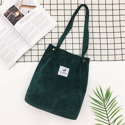 Women Casual Basic Solid Color Large Capacity Corduroy Tote Bag