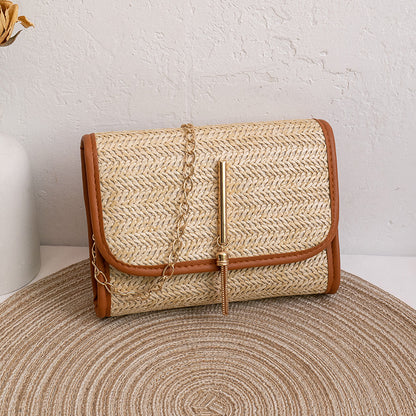 Women Fashion Casual Vacation Beach Magnetic Buckle Flap Chain Square Straw Woven Crossbody Bag