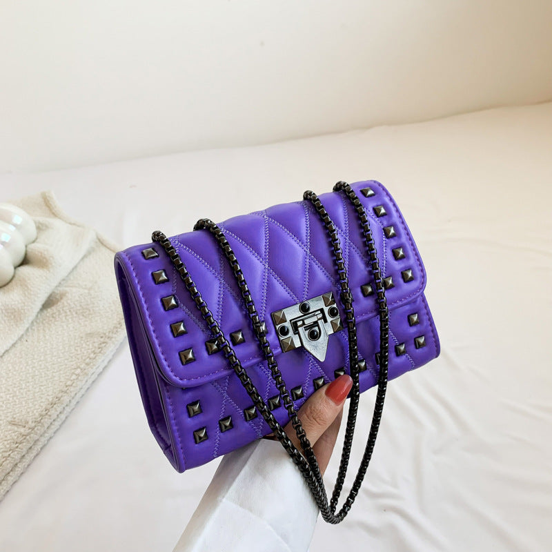 Women Simple And Fashionable Studded Flap Lock Square Chain Crossbody Bag