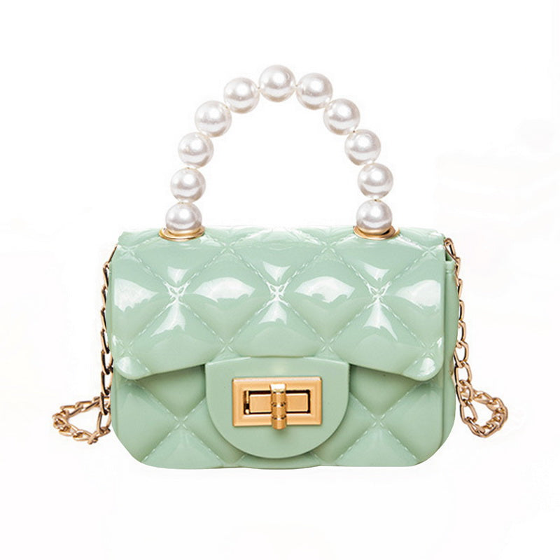 Women Elegant Mini Flap Buckle Design Pearl Decoration Solid Color PU Crossbody Bag