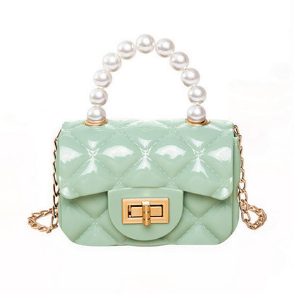 Women Elegant Mini Flap Buckle Design Pearl Decoration Solid Color PU Crossbody Bag
