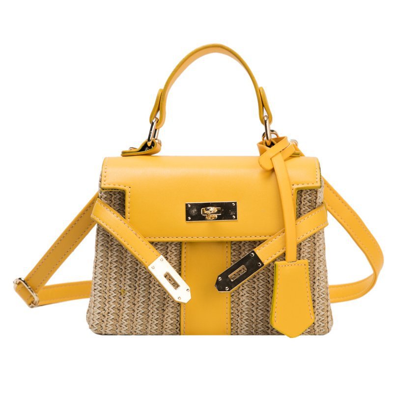 Women Trendy Woven Flap Buckle Design Color Blocking Straw Crossbody Bag