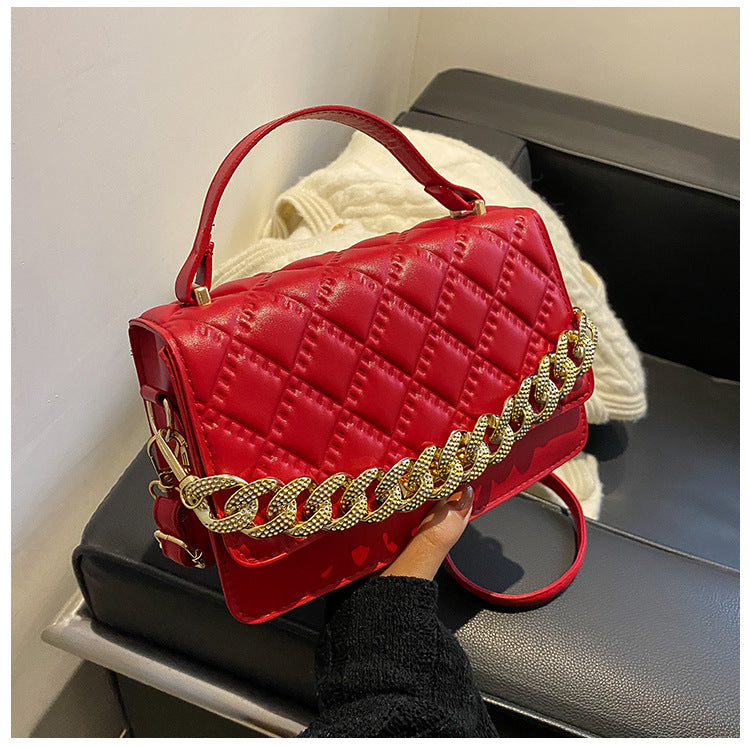 Women Fashion Thick Chain Rhombus Stitching Design Solid Color PU Crossbody Bag