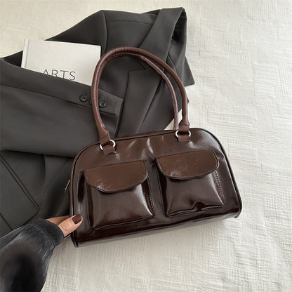 Sac à bandoulière décontracté rétro à double poche pour femme, couleur unie 