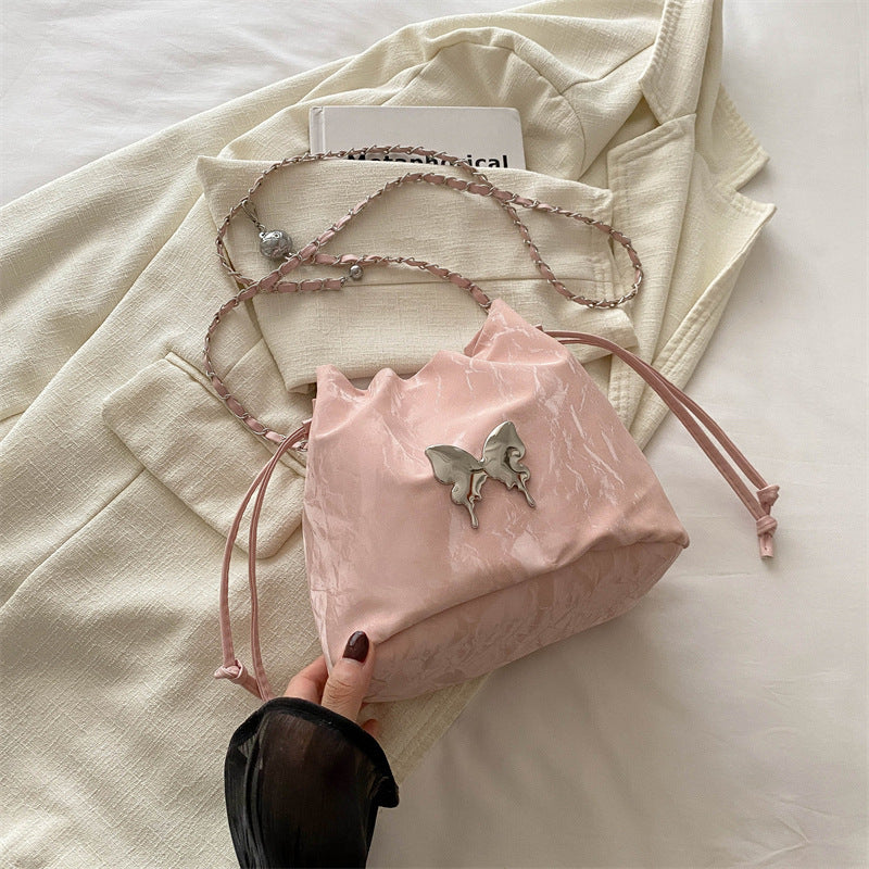 Summer Women Fashionable Solid Color Butterfly Decoration Drawstring Bucket Crossbody Bag