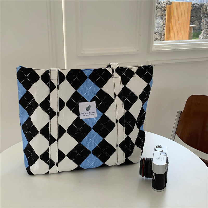 Sac fourre-tout en toile grande capacité à motif léopard et carreaux pour femme 