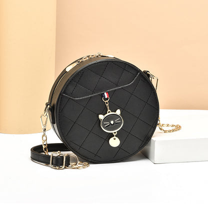 Women Fashionable Solid Color Rhombic Embroidery Cat Pendant Round Chain Crossbody Bag