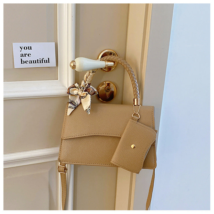 Women Fashion Solid Color Flap Scarf Coin Purse Pendant Square Handle Crossbody Bag