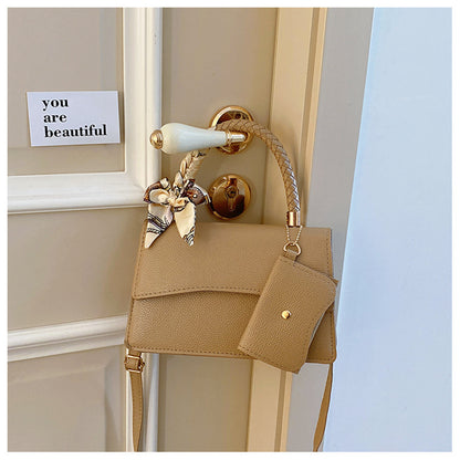 Women Fashion Solid Color Flap Scarf Coin Purse Pendant Square Handle Crossbody Bag