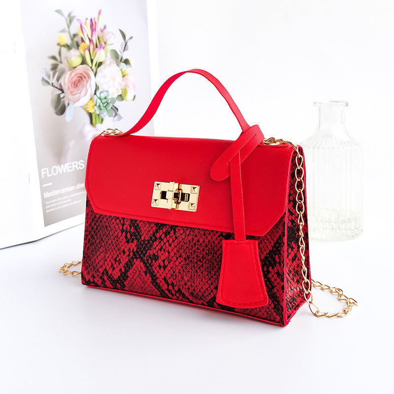 Women Vintage Flap Buckle Design Snake Pattern PU Crossbody Bag