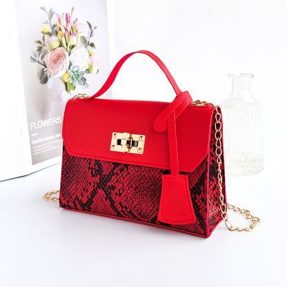 Women Vintage Flap Buckle Design Snake Pattern PU Crossbody Bag