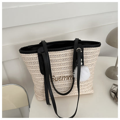 Summer Women Fashion Letter Woven Plush Pendant Large Capacity Tote Bag