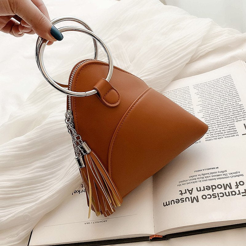 Women Creative Tassel Hoop Decoration Triangle Shape PU Handle Bag