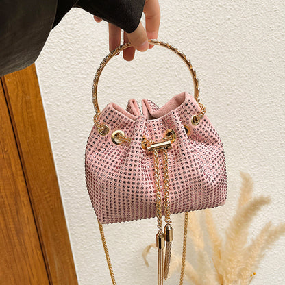 Women Fashion Fine Flash Rhinestone Tassel Drawstring Bucket Crossbody Bag