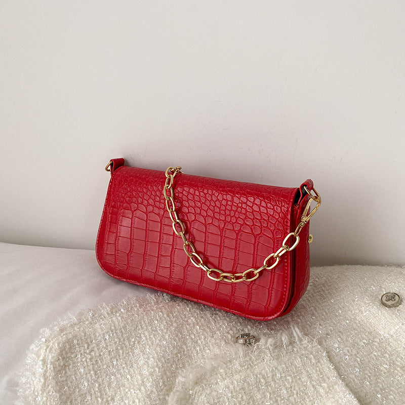 Sac à bandoulière carré décontracté à motif crocodile pour femme avec chaîne et rivets 