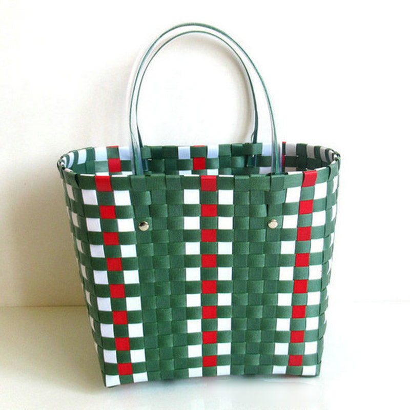 Vegetable Basket Straw Woven Waterproof Beach Women Casual Design Color Blocking Large Capacity Shoulder Handle Bag