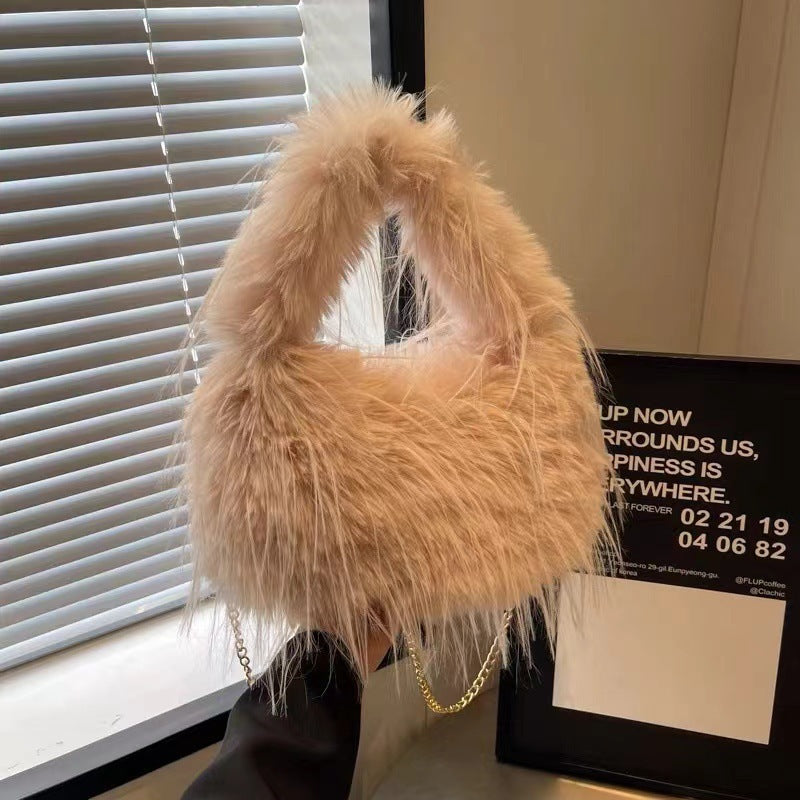 Sac à bandoulière en peluche avec pompon et poignée en chaîne pour femme, mode automne-hiver 