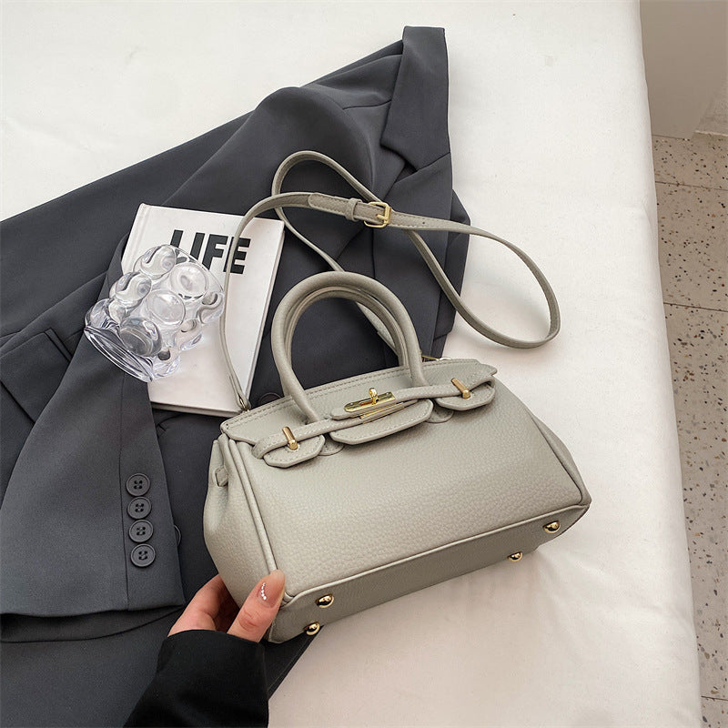 Women Fashion Solid Color Lock PU Handle Shoulder Bag