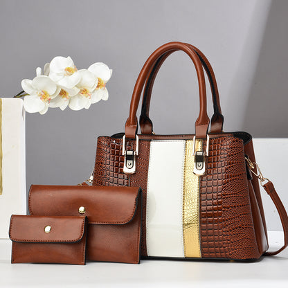 Women Fashion Casual Bright Leather Stone-Print Large Capacity Handbag Three-Pice Set