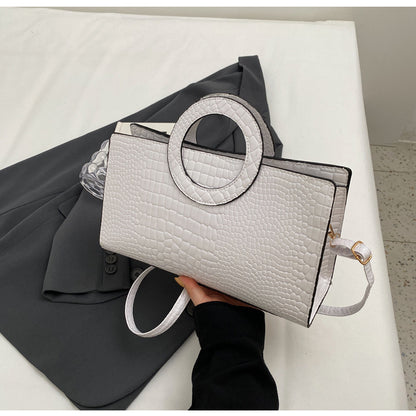 Women Vintage Crocodile-Print Round Handle PU Shoulder Bag