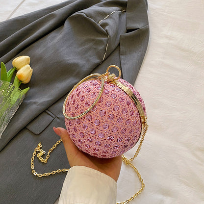 Women Fashion Elegant Round Sequin Hollow Handle Clip Chain Shoulder Evening Mini Bag