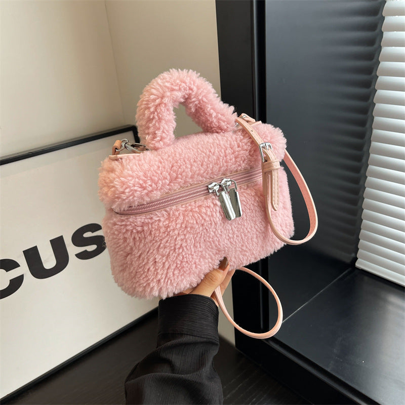 Sac à bandoulière en peluche à fermeture éclair de couleur unie pour femme, mode automne et hiver 