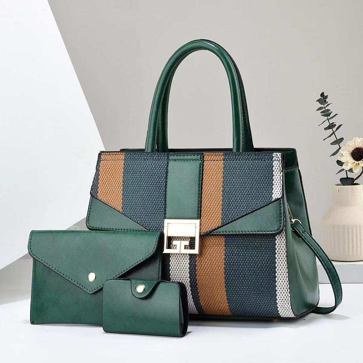 Women Fashion Casual Color Block Stripe Handbag Three-Piece Set