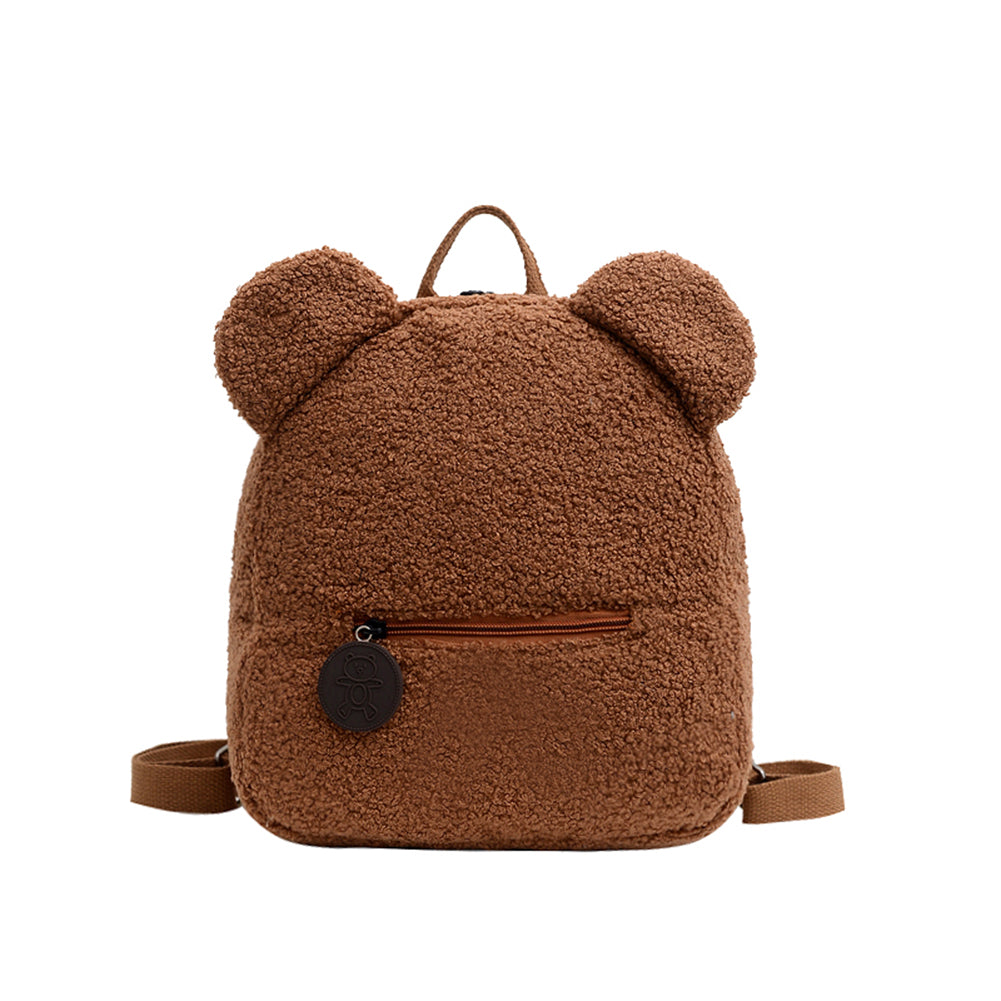 Women Cute Bear Shape Zipper Design Solid Color Plush Backpack