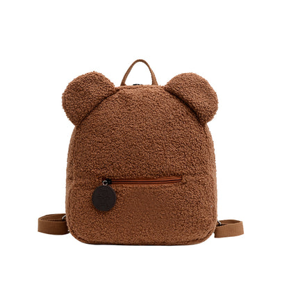 Women Cute Bear Shape Zipper Design Solid Color Plush Backpack