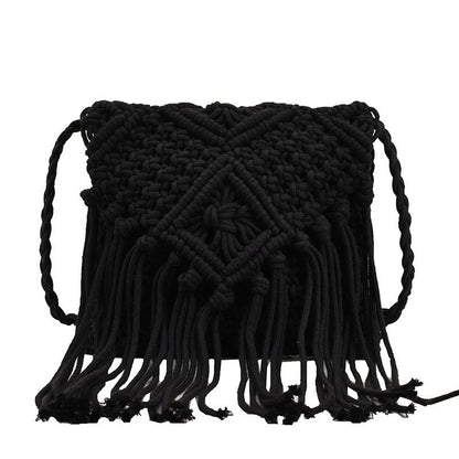 Women Casual Boho Solid Color Tassel Woven Vacation Shoulder Bag