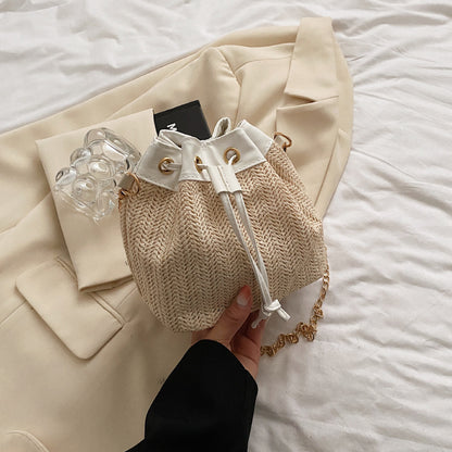 Sac à bandoulière tendance pour femme, couleur unie, avec cordon de serrage et chaîne 