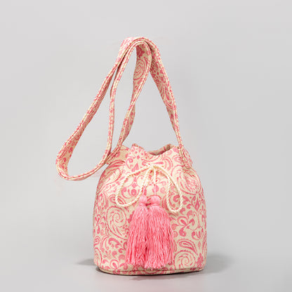 Women Bohemian Ethnic Style Jacquard Knitted Tassel Pendant Bucket Shoulder Bag