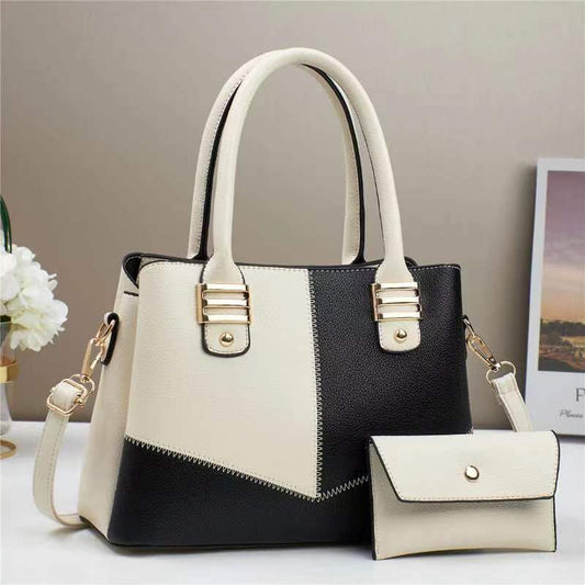 Women Fashion Casual Contrast Color Stitching Large Capacity Handbag Two-Piece Set