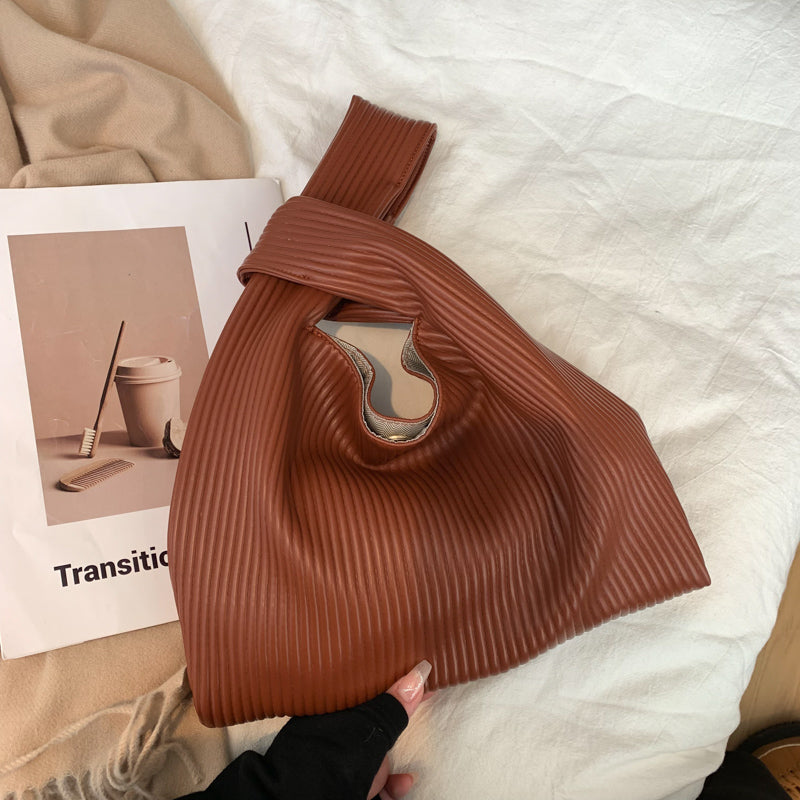 Women Creative Crease Design Solid Color Large Capacity PU Handle Bag