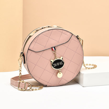 Women Fashionable Solid Color Rhombic Embroidery Cat Pendant Round Chain Crossbody Bag