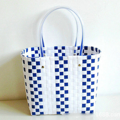 Vegetable Basket Straw Woven Waterproof Beach Women Casual Design Color Blocking Large Capacity Shoulder Handle Bag