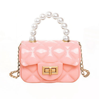 Women Elegant Mini Flap Buckle Design Pearl Decoration Solid Color PU Crossbody Bag