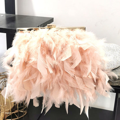 Women Fashion Trend Feather Decoration Metal Buckle Design Square Clutch Bag