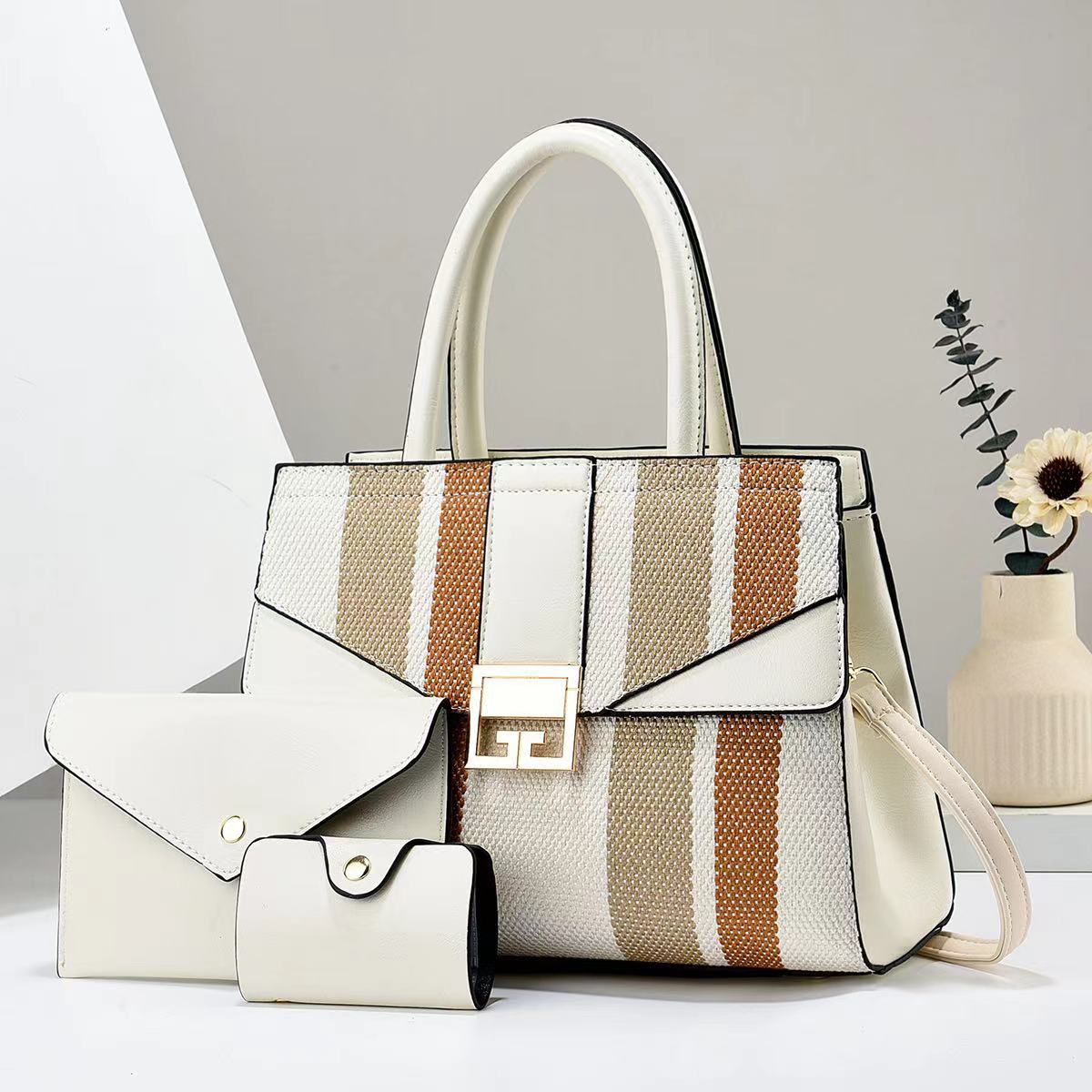 Women Fashion Casual Color Block Stripe Handbag Three-Piece Set