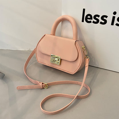 Women Fashionable Solid Color Flap Lock Shaped Handle Crossbody Bag