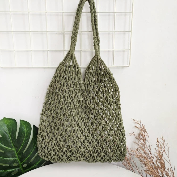 Women Casual Fashion Vacation Beach Mesh Woven Hollow Shoulder Bag