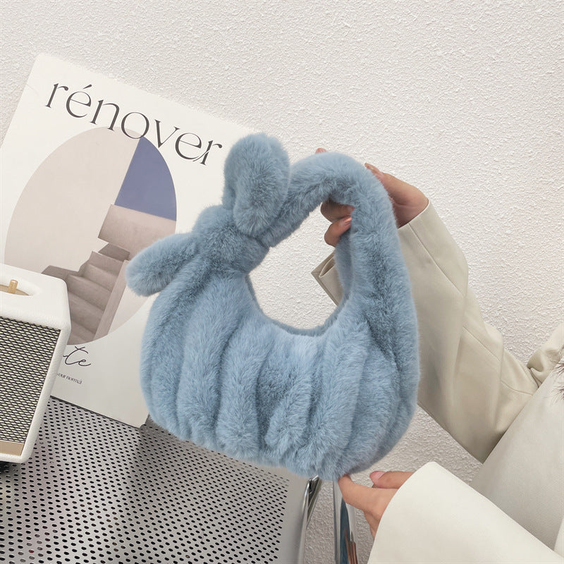 Women'S Fashion Solid Color Bow Crinkled Plush Cloud Shell Handbag