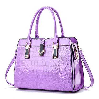 Women Fashion Bright Leather Large Capacity Crocodile Print Square Handbag