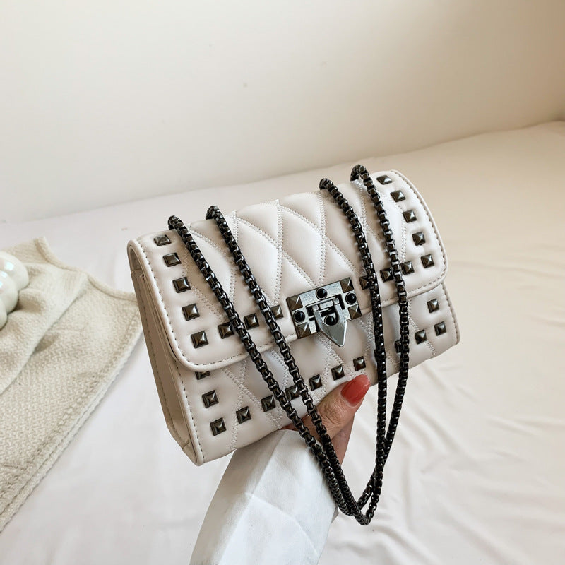 Women Simple And Fashionable Studded Flap Lock Square Chain Crossbody Bag