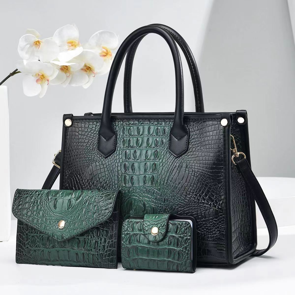 Women'S Vintage Crocodile-Embossed Large-Capacity Handbag Three-Piece Set