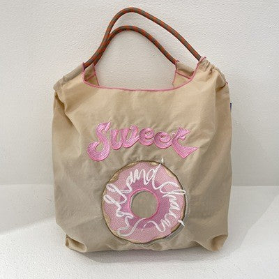 Women Fashion Nylon Embroidered Large Capacity Canvas Shopping Bag