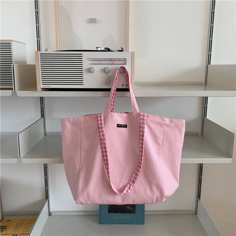 Women Casual Design Plaid Pattern Canvas Large Capacity Shoulder Handle Tote Bag