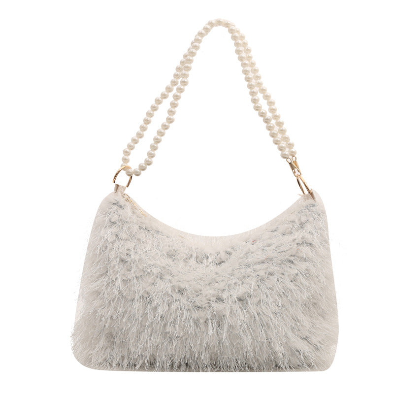 Fashion Solid Color Plush Pearl Chain Shoulder Bag