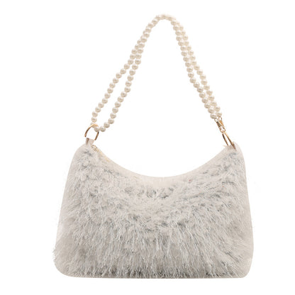 Fashion Solid Color Plush Pearl Chain Shoulder Bag