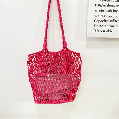 Women Casual Solid Color Hollow Woven Large Capacity Tote Shoulder Bag